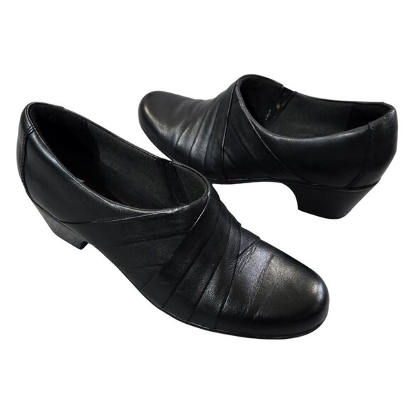 Clarks Ingalls Tempo Black Leather Block Heel Comfort Slip On Booties Office - Picture 1 of 12